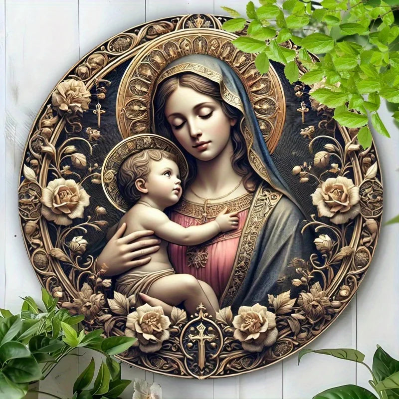 2D Virgin Mary and Baby Jesus Decorative Metal Sign