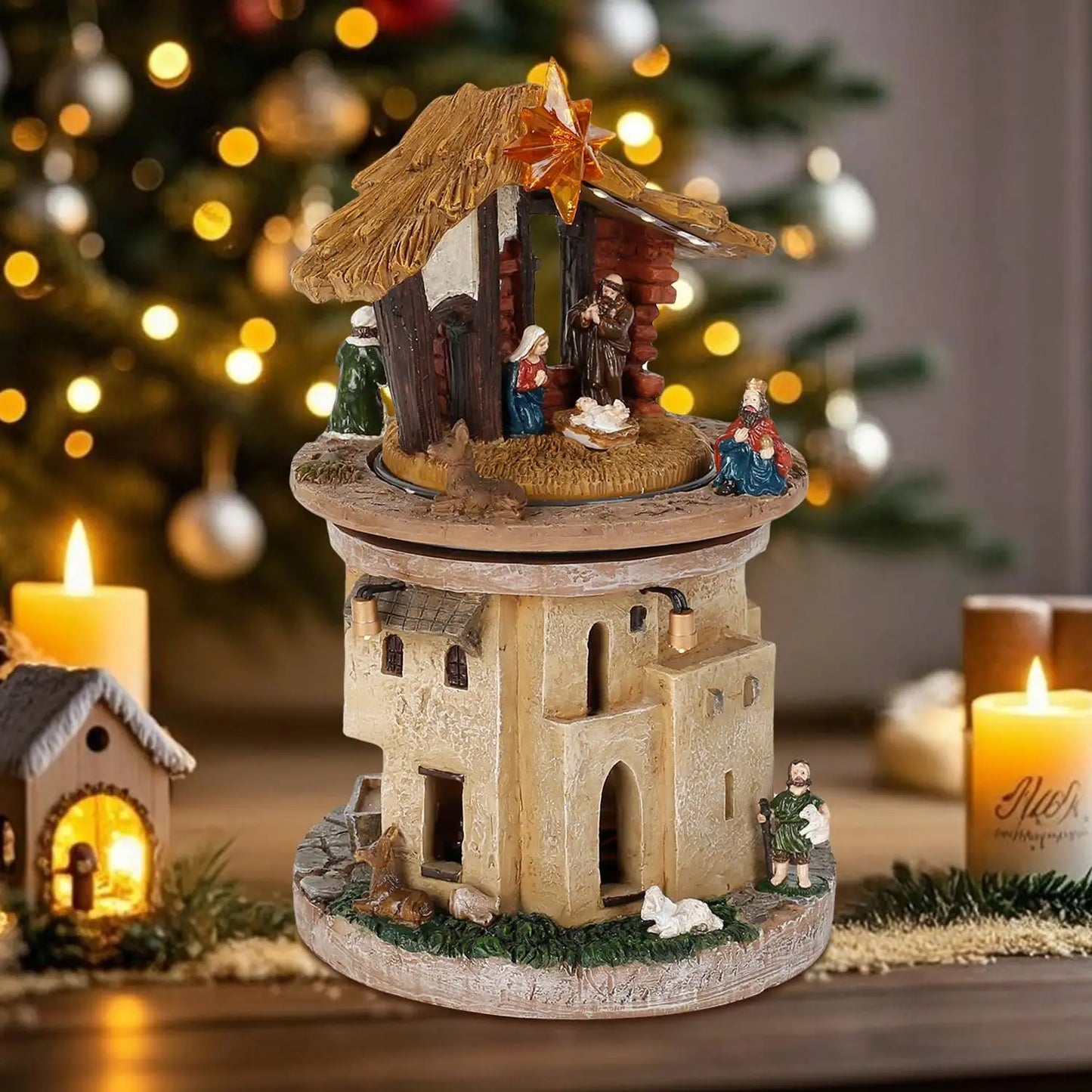 Rotating Village Nativity Scene with Lights and Music