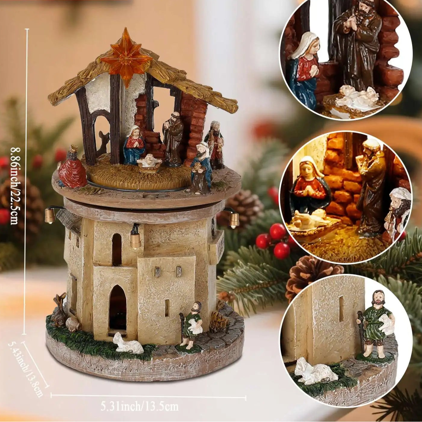 Rotating Village Nativity Scene with Lights and Music