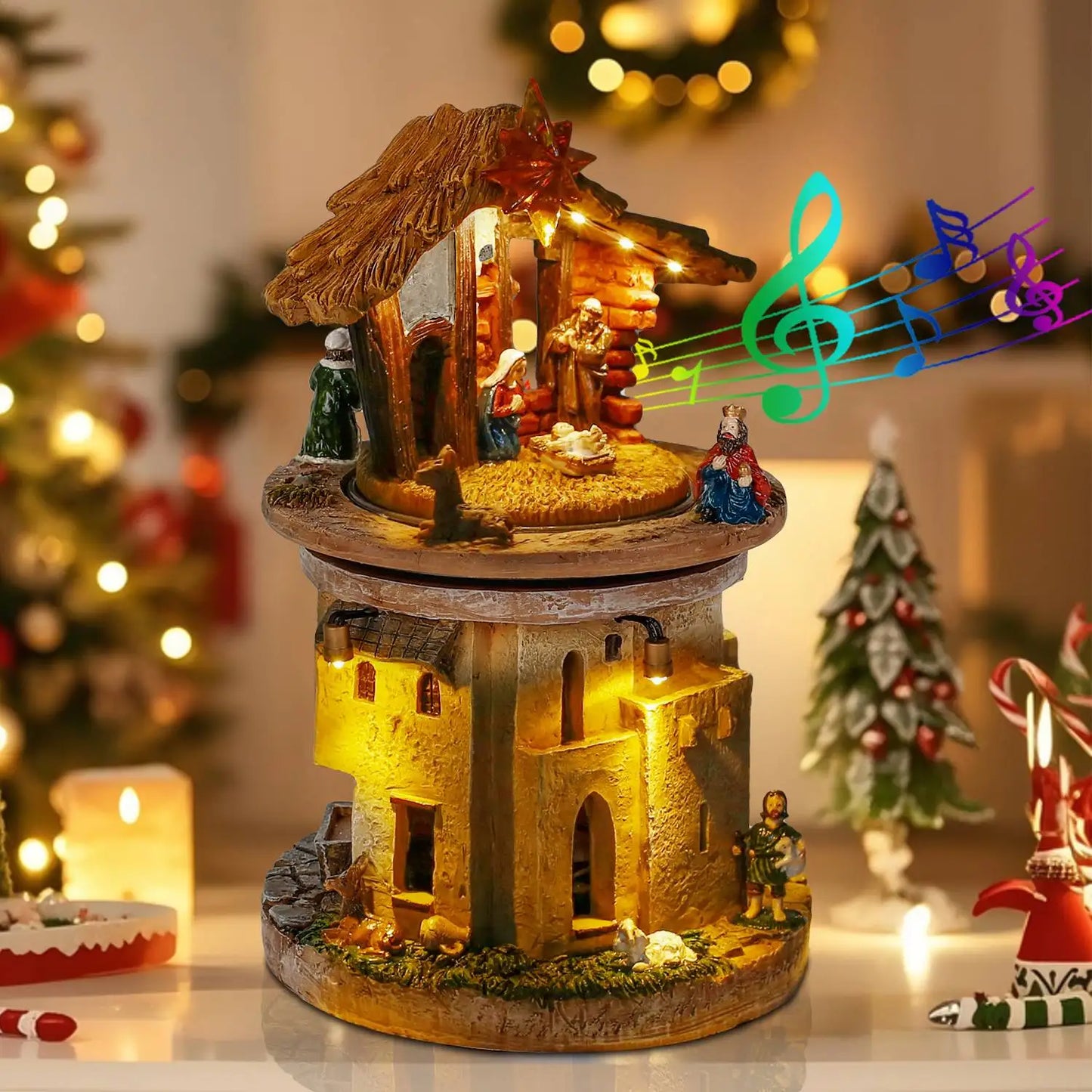 Rotating Village Nativity Scene with Lights and Music