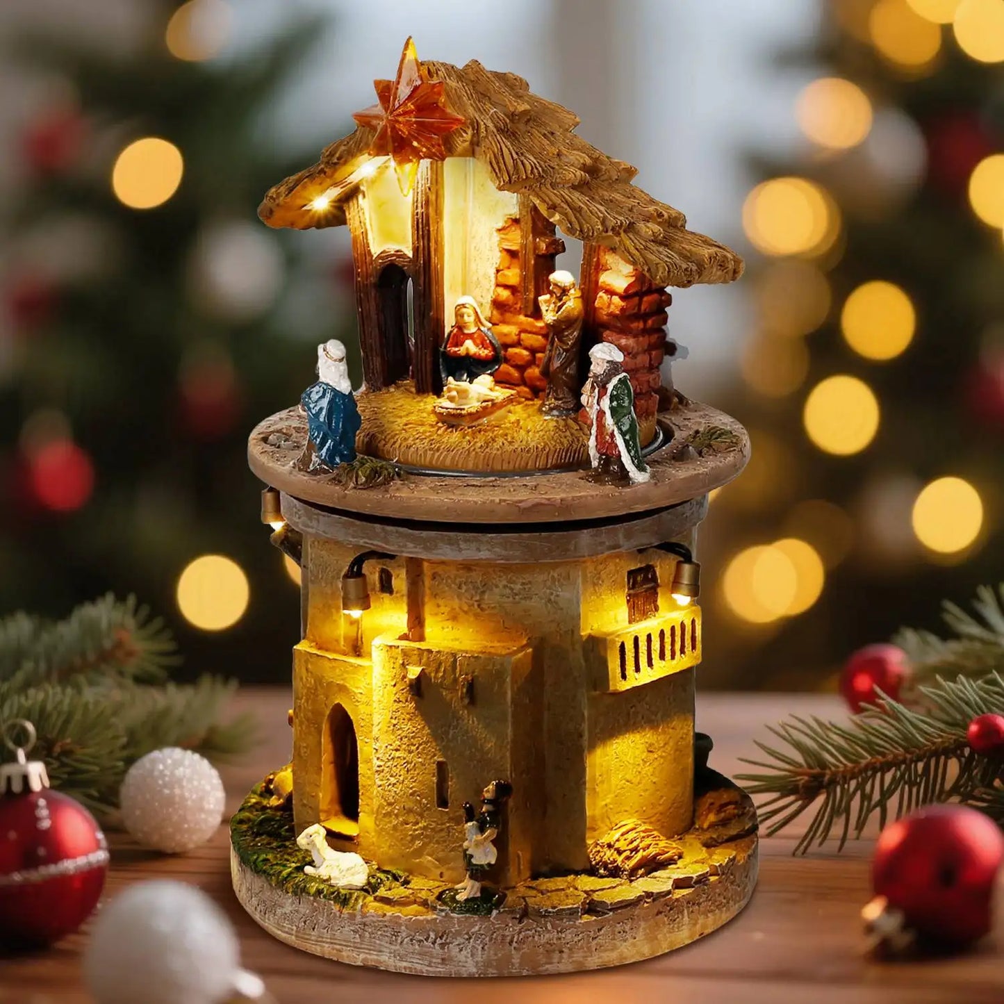 Rotating Village Nativity Scene with Lights and Music