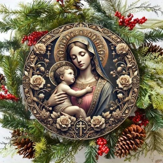 2D Virgin Mary and Baby Jesus Decorative Metal Sign